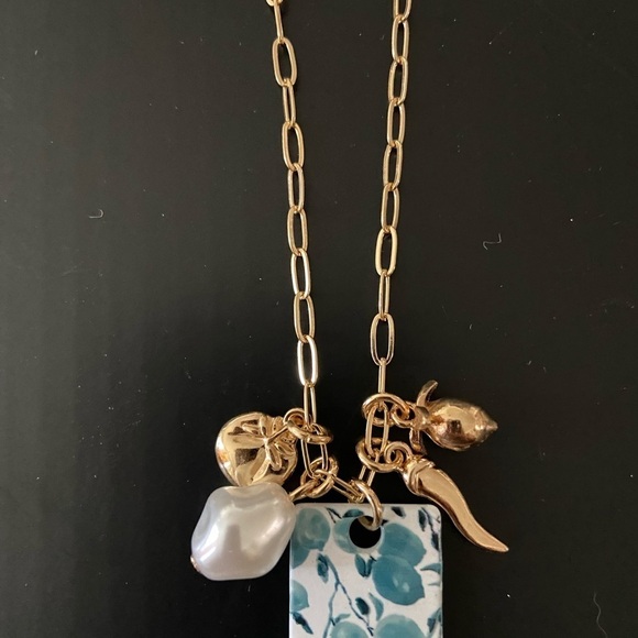Jewelry - Gold Charm Necklace Blue and White fruit tile and tiny gold lemon and tomato